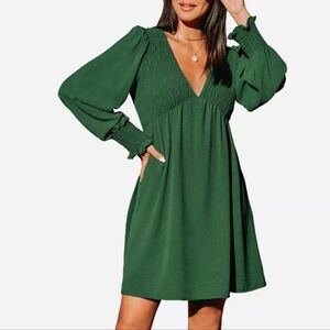 Cupshe Green Smocked Long Sleeve Mini Dress Size Small
